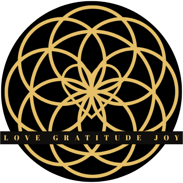 Love Gratitude Joy logo featuring gold and black Flower of Life design with a heart at the center