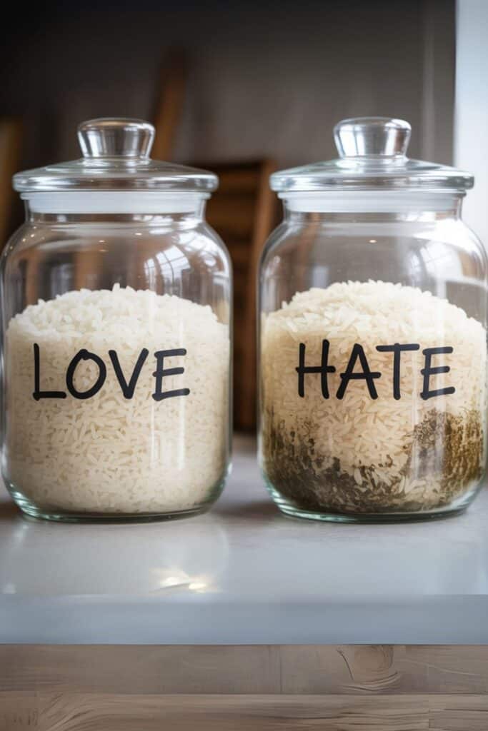 Two jars of rice labeled 'LOVE' and 'HATE,' showing a visible difference in decay — a real-life example of Dr. Emoto’s experiment on the power of words and intention