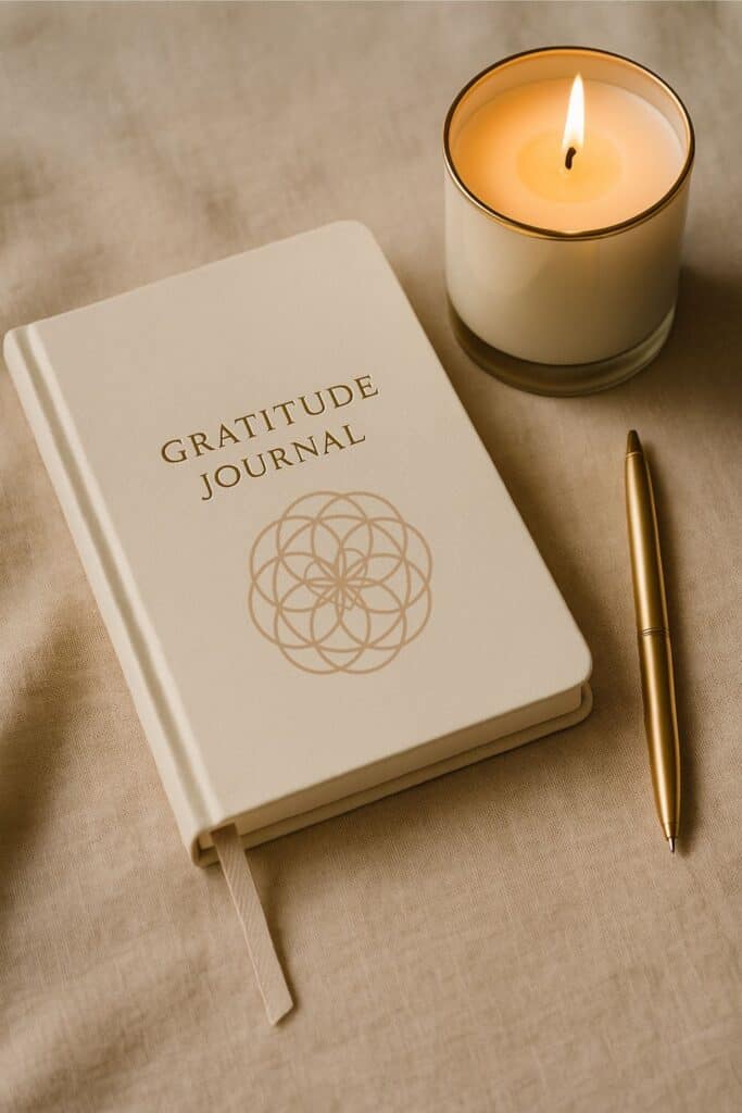 Flat lay of a gratitude journal, pen, and candle — styled for an evening ritual of reflection and gratitude.