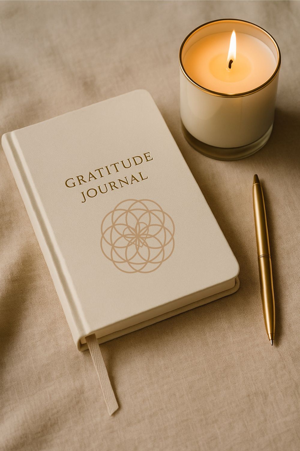 Flat lay of a gratitude journal, elegant pen, and high-end candle arranged for an evening ritual.
