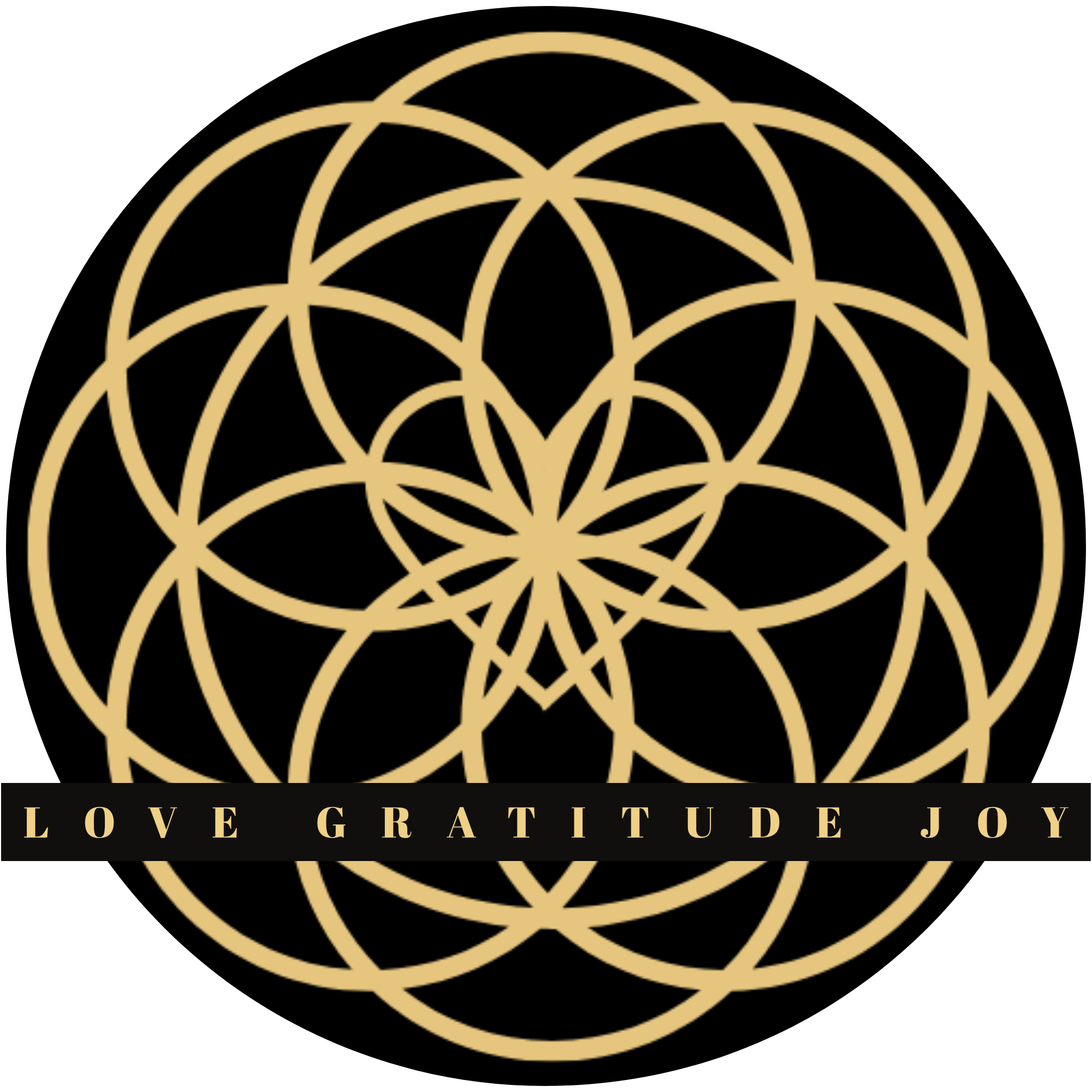 Gold sacred geometry symbol with overlapping circles and a central starburst, featuring the words "Love Gratitude Joy" in gold text on a black band