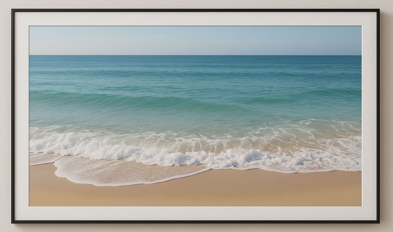 Television screen showing peaceful beach waves, used to create a calming environment and support Scott’s healing through relaxation and gentle sensory input.