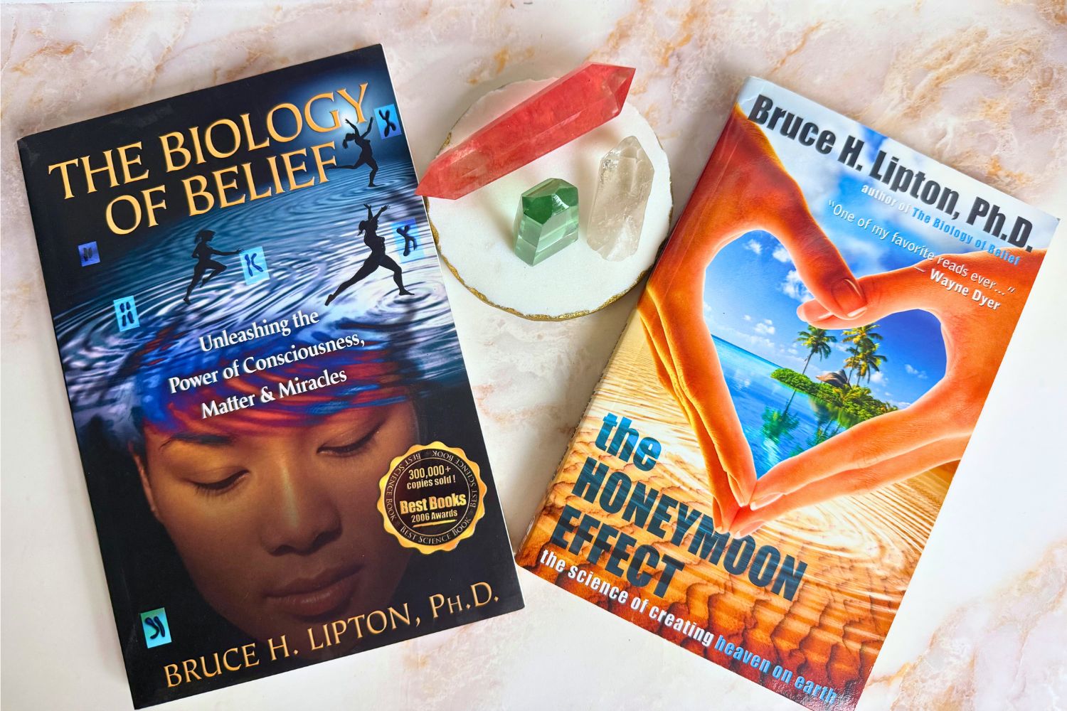 Bruce Lipton’s books including *The Biology of Belief* displayed on a white surface — a key influence in our healing journey shared on Love Gratitude Joy.