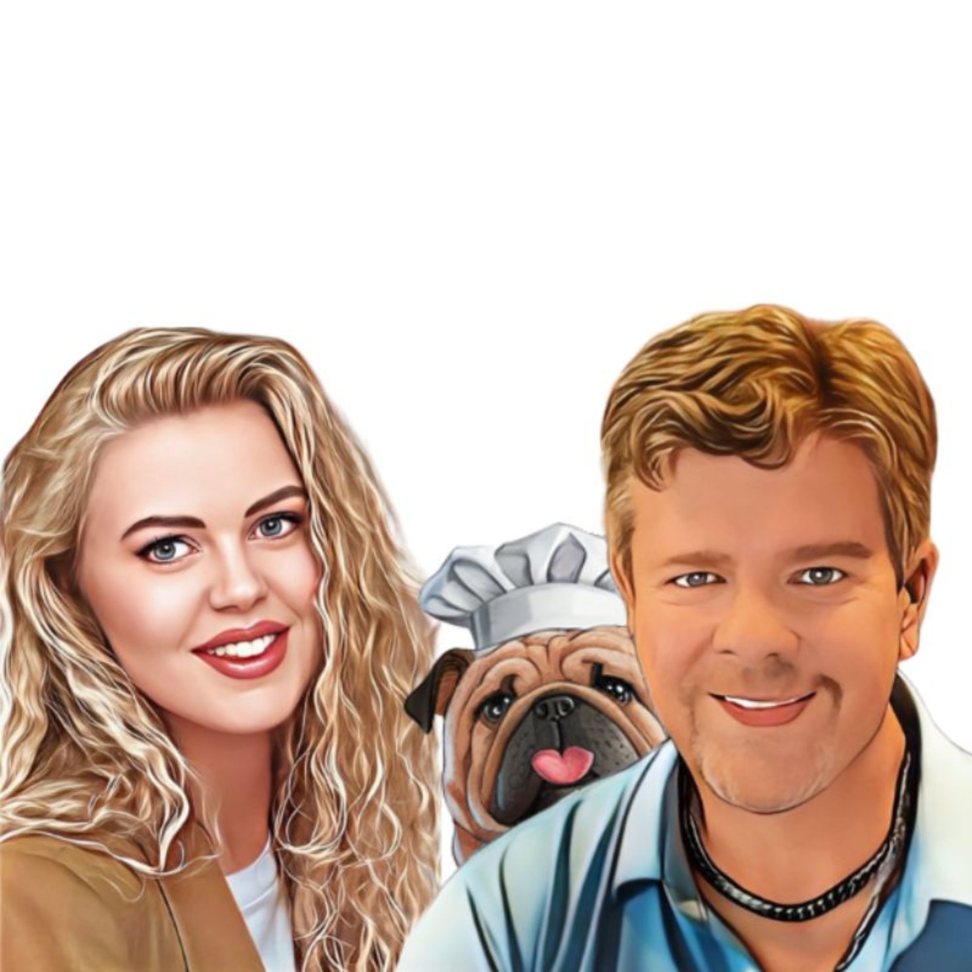 Digital portrait of Kristy, Scott, and their dog Jack wearing a chef’s hat, set against a clean white background — representing the Love Gratitude Joy brand.
