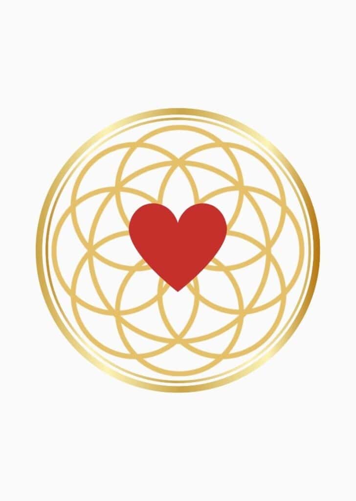 Red heart centered in a golden Flower of Life symbol representing love and gratitude at the core of life.
