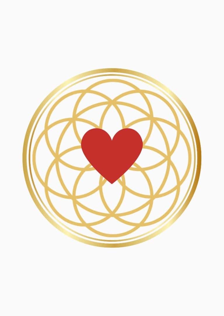 Red heart centered in a golden Flower of Life symbol representing love and gratitude at the core of life.