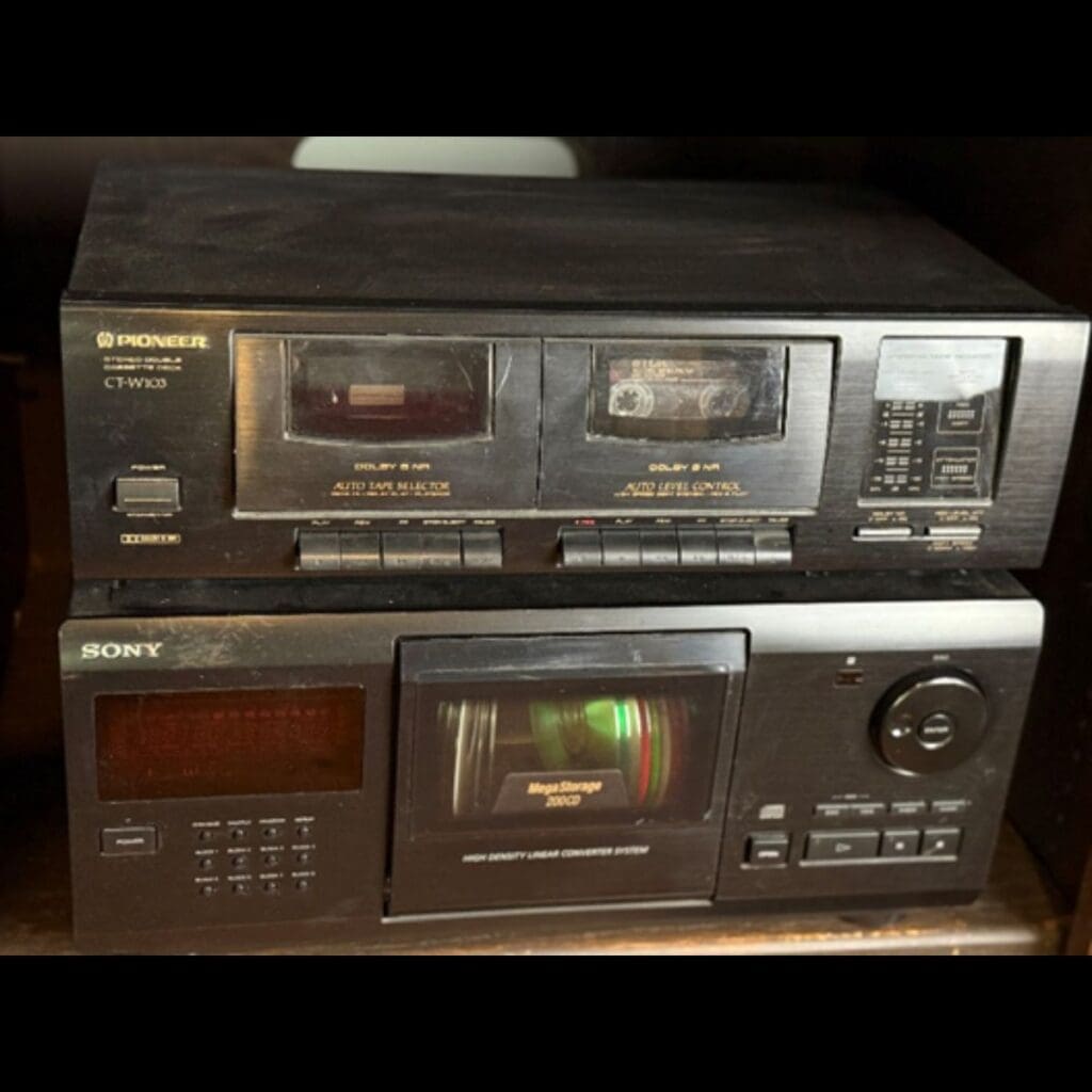 Scott’s vintage Pioneer and Sony cassette deck stereo he used to make mixtapes back in the day.